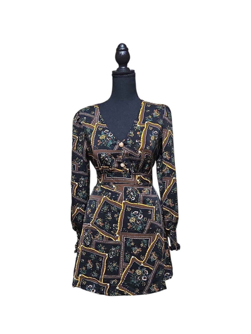 Floral Geometric Wrap Mini Dress in Black and Mustard